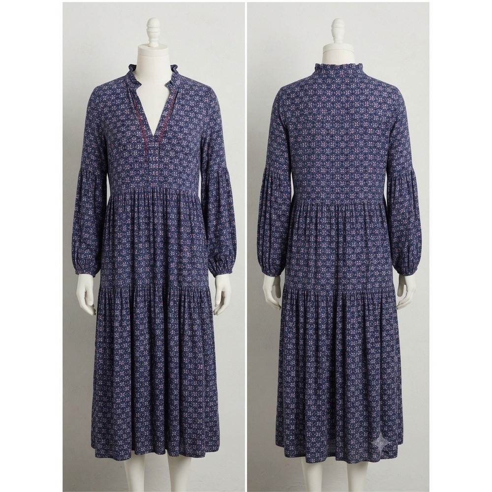 Maeve Women Dress Blue Small Tiered Ruffle Neck Long Sleeve Midi Cotton Boho